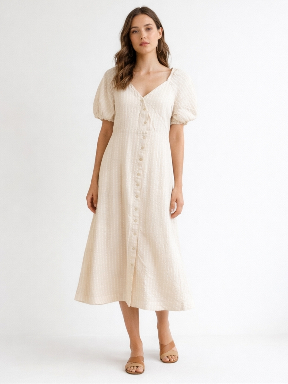 Madewell Cream Textured Button Front Midi Dress Size 6 Puff Sleeve